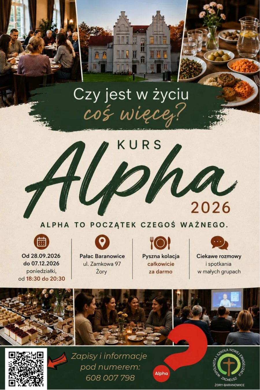 Plakat: Kurs Alpha 2026 w Pałacu Baranowice, od 28 września do 7 grudnia, poniedziałki 18.30-20.30